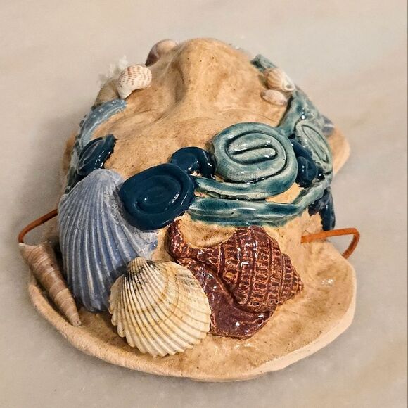 Studio Pottery Mermaid Ceramic Seashells Face Mask Wall Hanging Coastal Decor - Picture 4 of 8
